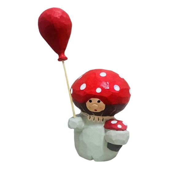 Wooden Mushroom Figurine Hand-Carved Mushroom Elf Holding A Balloon Rustic
