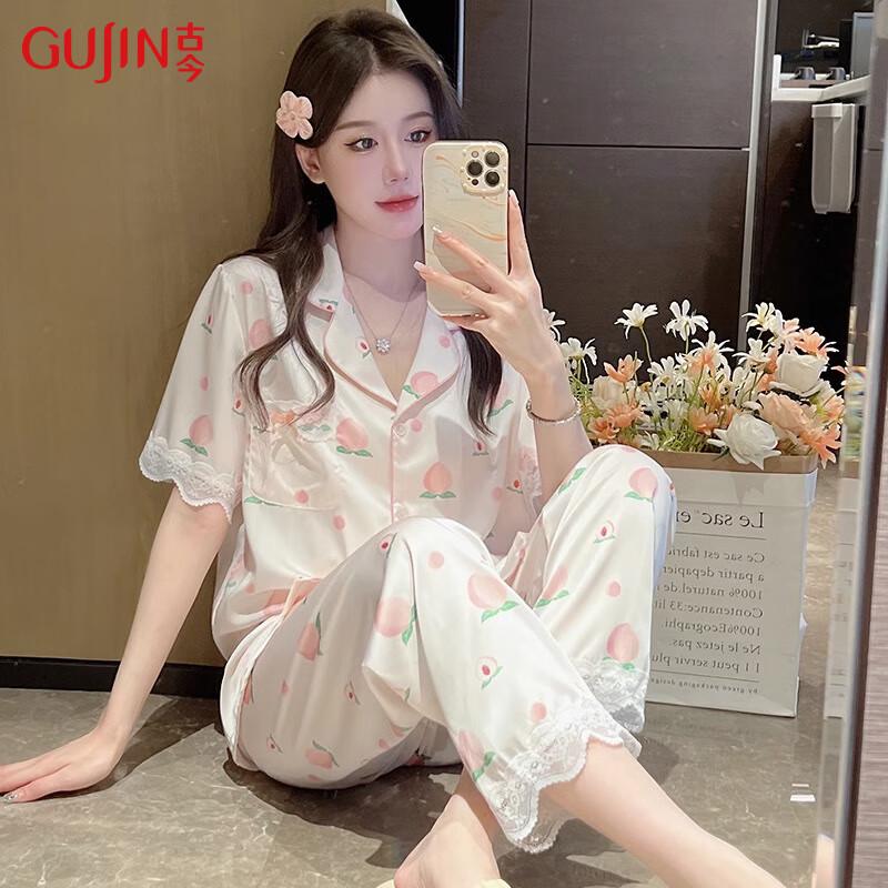 GUJIN Women s Ice Silk Three-Piece Pajama Set L (90-120 lbs)