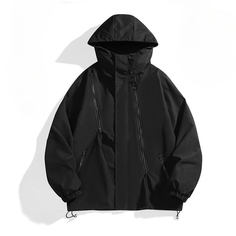 Spring and Autumn Japanese Solid Color Texture Multi-zipper Work Jacket Windproof Waterproof Jacket Hooded Jacket Men
