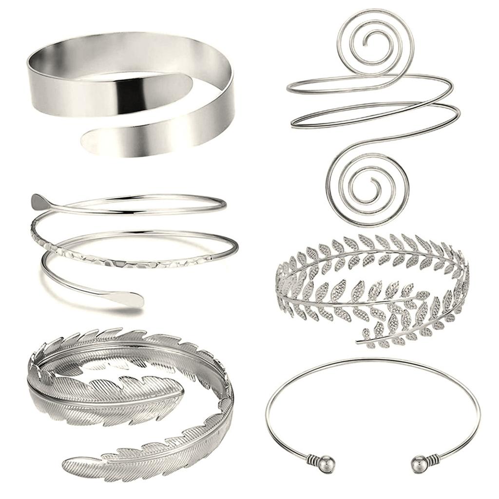 6 Pieces Arm Cuff Upper Arm Band Cuff Bracelet Bangle for Women Silver Gold Adjustable Armband Set