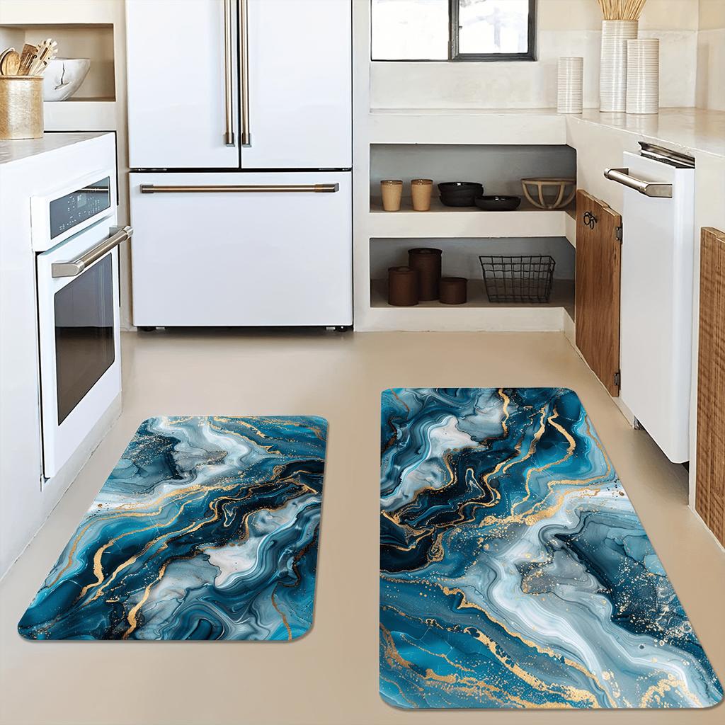 1Pcs Anti Fatigue Kitchen Rugs Blue Marble Textured Waterproof Non-Slip Thick Cushioned Kitchen Mat Heavy Duty Comfort Standing Mat for Kitchen