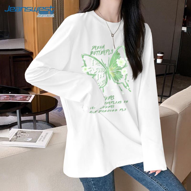 Jeanswest Women's 2025 Spring/Autumn Pure Cotton Drop-Shoulder Long-Sleeve T-Shirt