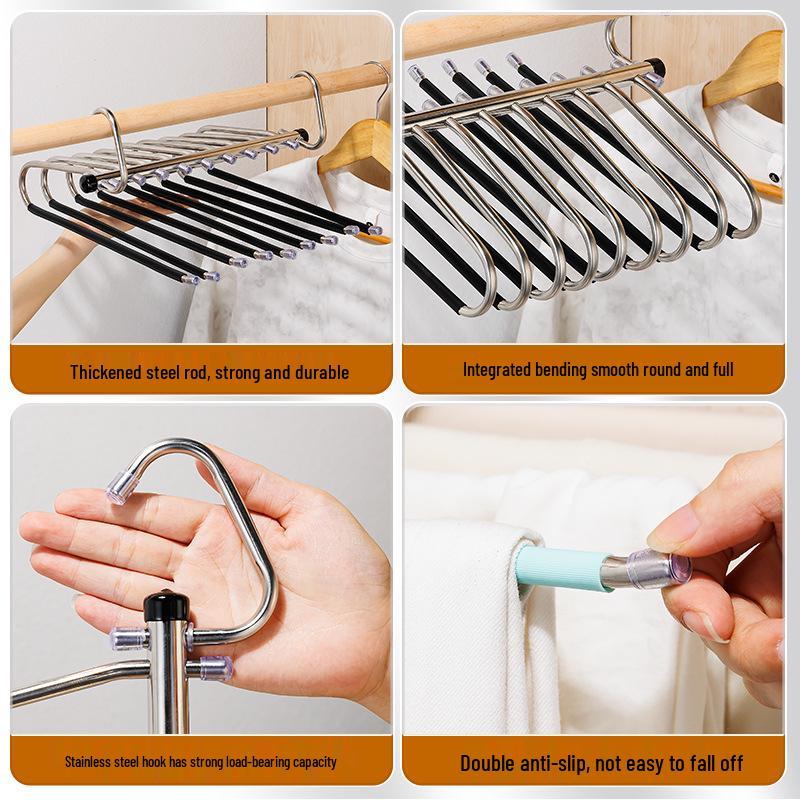Stainless Steel Multi-Layer Folding Clothes & Pants Rack - Non-Slip, Retractable with Clips for Dormitory Use.