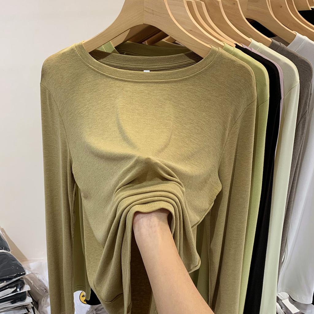 Long sleeve T-shirt women spring and autumn new loose everything with solid color crew-neck base shirt with elastic thin shirt