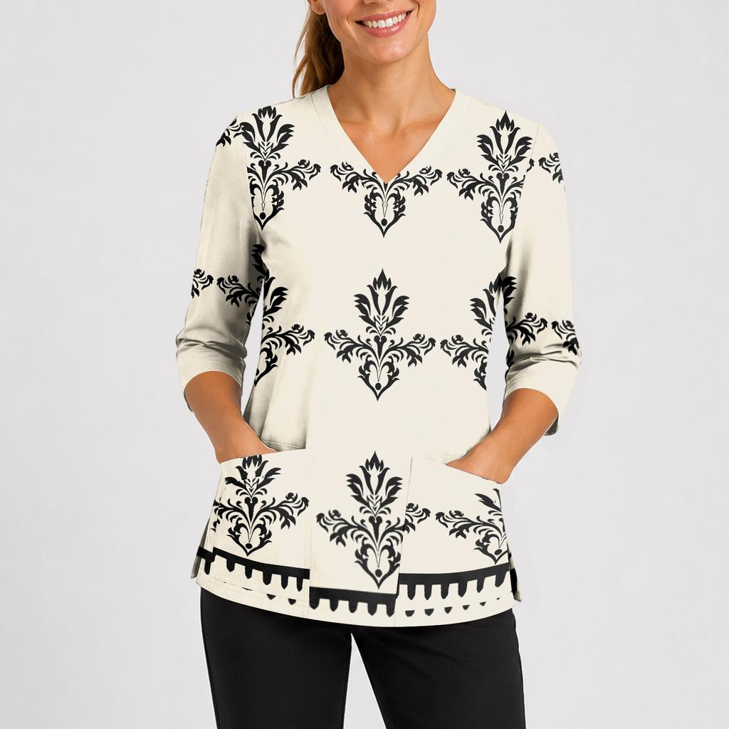 Women's Floral Print V-Neck Scrub Top with Pockets and Side Slits Three-Quarter Sleeve