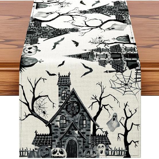 Artscope Black White Spooky Haunted House Tree Ghost Halloween Table Runner, Halloween Holiday Kitchen Dining Table Decoration for Fall Home Decor