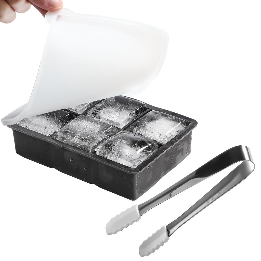 Silicone Ice Maker, Odorless, with Lid and Ice Tongs, Holds 6 Large Square Ice Pieces, 5x5x5cm Ice Cubes