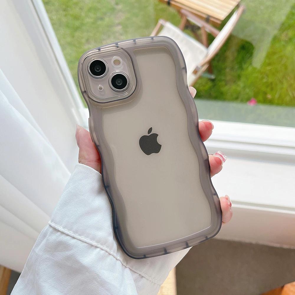 For iPhone 15 14 13 12 11 Pro Max Mini XS SE 7 8 Plus Case Cute Transparent Curly Wave Hybrid Shockproof Bumper Cover Soft Funda