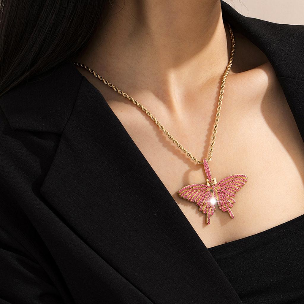 Accessories, Simple Single-Layer Twist Chain Necklace For Women, Exaggerated Personality, Diamond-Set Butterfly Pendant Necklace
