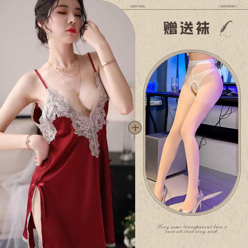 Fun underwear ice silk temptation sexy split-ended nightdress water-soluble flower hollow suspender pajama set