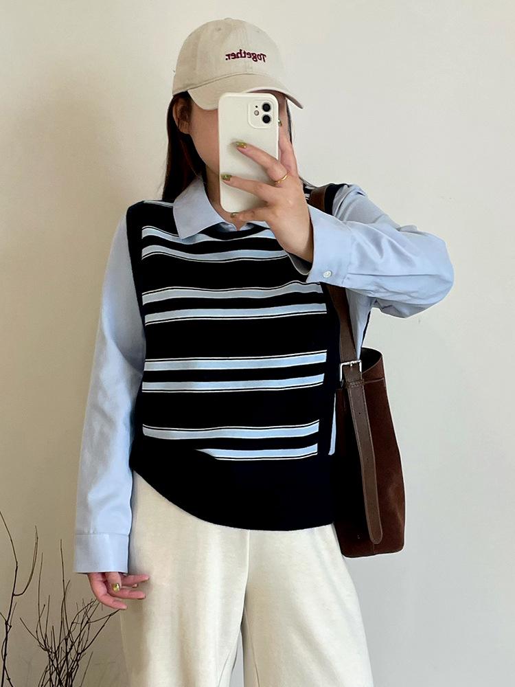 Pulover Dama Plus Size Blocuri de Culoare Guler Polo Patchwork - Tricotaje Subțiere Două Piese pentru Iarna 2025