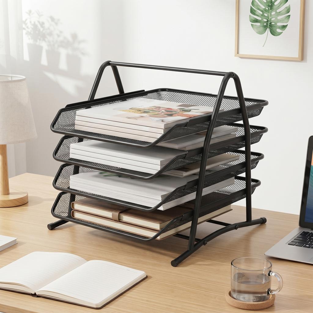 4-Tier Mesh Letter Tray Mesh Desk Organiser for Home and Office, Metal Filing Trays Holder, Document Paper Wire Mesh Storage Organiser, Black