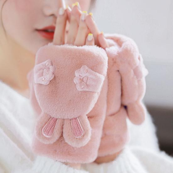 Women Winter Plush Gloves Thickened Warm Fuzzy Rabbit Mittens Girls Convertible Winter Fingerless Mittens
