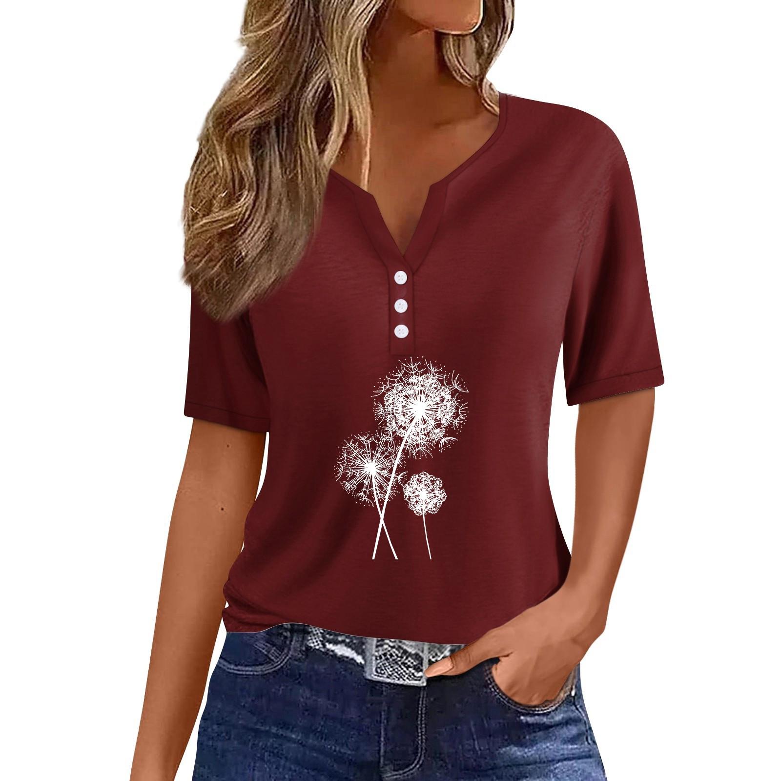

Жіноча модна повсякденна футболка з вінтажним принтом і V-подібним вирізом, короткими рукавами та декоративними ґудзиками S винний