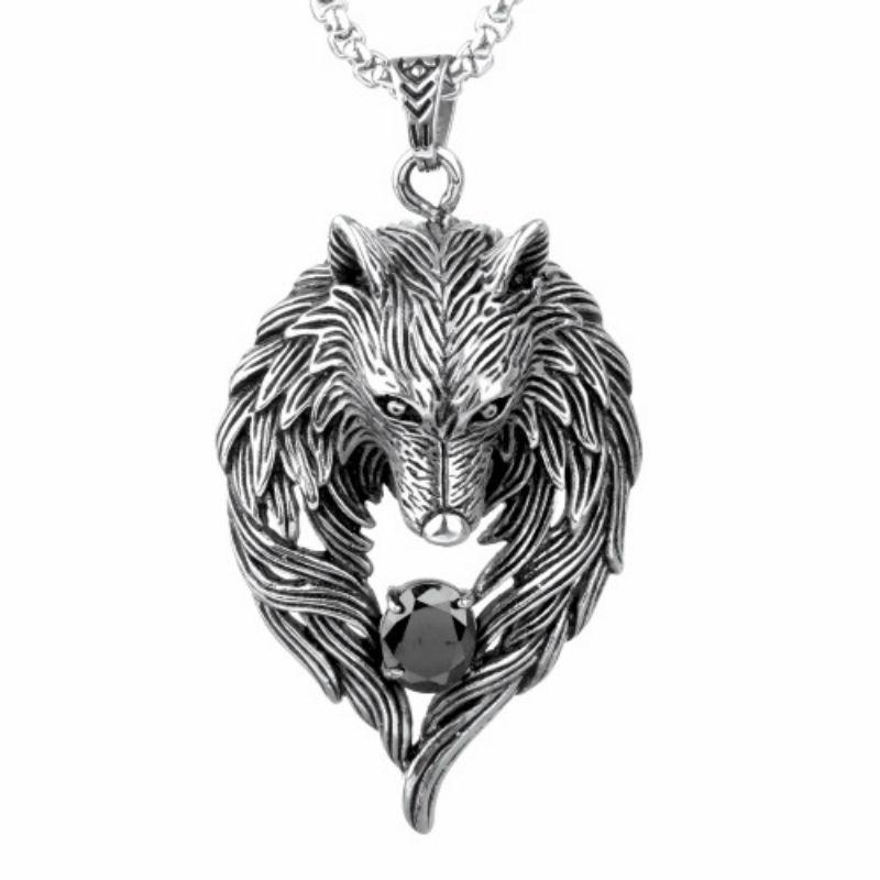 Felsen Wolf Totem Diamant Set Großer Wolfskopf Herren Mode Halskette Anhänger