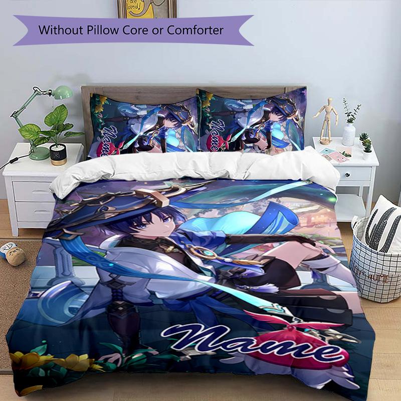 3pcs Genshin Impact4 Cover Set - Personalized Name, HD Printed Bedding with 1 Cover and 2 Pillowcases - Perfect for Home Decor, Easy Care