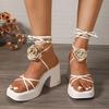 Fashion Flower Decor High Heel Sandals for Women Summer Cross Tied Platform Gladiator Sandals Woman Fashion Chunky Heeled Party Shoes