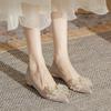 210-1 Flat Single Shoes Women's 2025 New Pointed Crystal Wedding Shoes Rhinestone Bow Thick Heel Shallow Mouth Bridesmaid Shoes