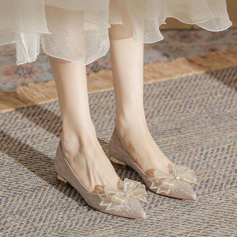 210-1 Flat Single Shoes Women's 2025 New Pointed Crystal Wedding Shoes Rhinestone Bow Thick Heel Shallow Mouth Bridesmaid Shoes