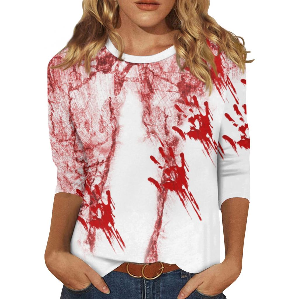Fashion 3/4 Sleeve Shirts For Women S-5xl Cute 2024 Halloween Print Graphic Tees Blouses Casual Plus Size Basic Tops Pullover