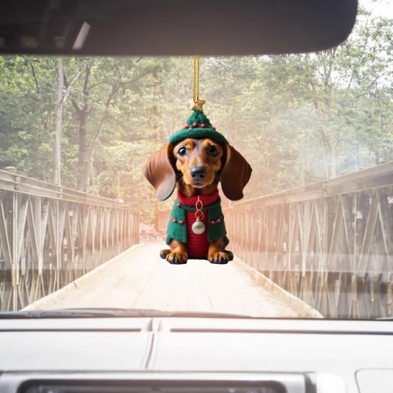 1/7Pcs Christmas Acrylic Dachshund Hanging Decoration Car Rearview Mirror Xmas Tree 2D Flat Santa Hat Dog Hanging Ornament Holiday Party Pendant