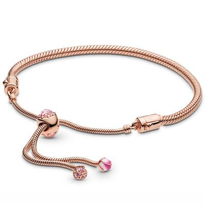 Original Rose Gold Pfirsichblüte Schiebeverschluss Anpassen Armband Fit Mode 925 Sterling Silber Armreif Perle Charme DIY Schmuck