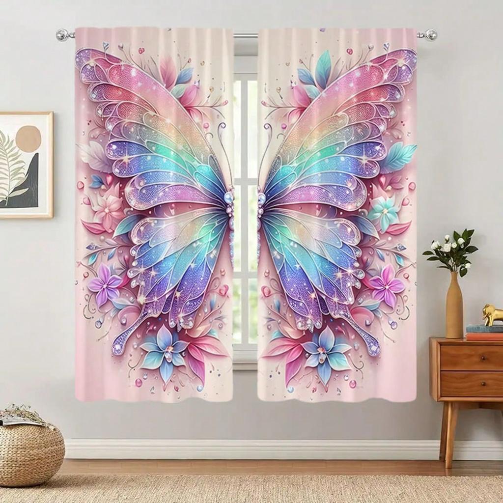 2pcs Elegant Colorful Butterfly Pattern Curtain   Pink Background Blackout Curtain   Door Curtain   Rod Pocket Home Decor