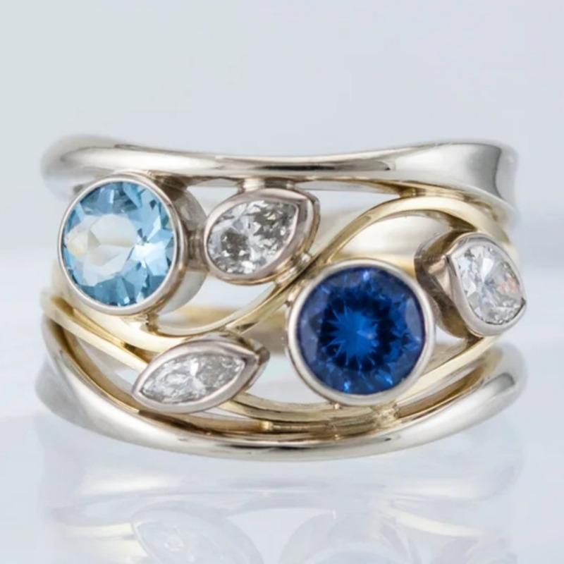 Exquisite Inlaid White Blue CZ Women's Ring Trendy Two Color Geometry Daily Wear Party Jewelry Anniversary Gift