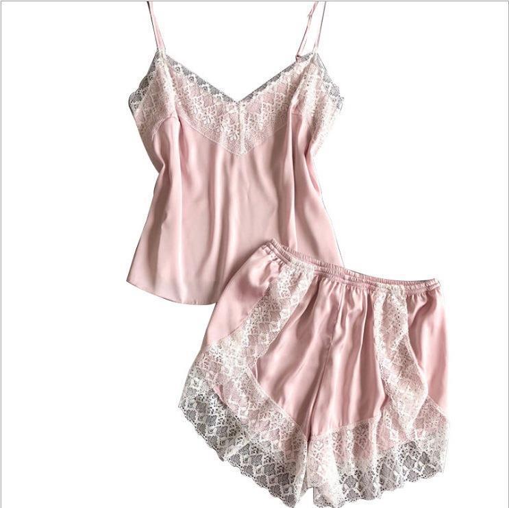 Pajama set, women's ice silk thin style with chest pad suspender shorts, two new lace can be worn outside loungewear