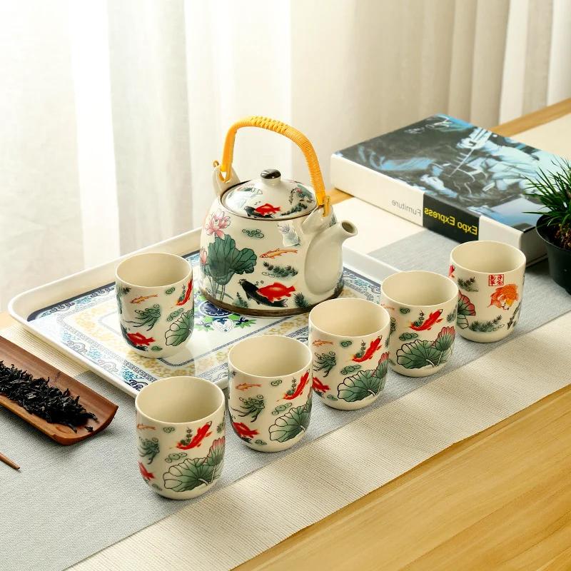 Retro Light Luxury, Large Capacity Teapot Tea Cups, Ceramic Celadon Kung Fu Tea Set, a Pot of Six Cups with Filter Green Teapot