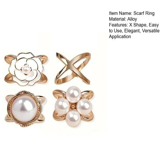 4Pcs X Shape Scarf Rings Camellia Faux Pearl Scarf Clips Metal Scarfs Clasp Holder Buckles for for Women Silk Scarves Shirts Shawls
