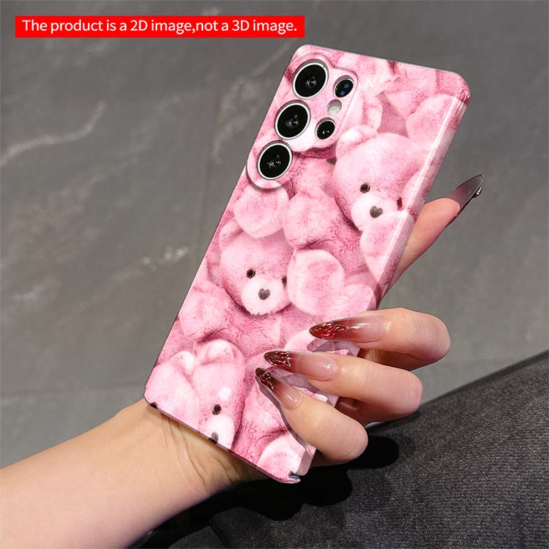 2DFlat Samsung Phone Case Pink Teddy Bear Fuzzy Pattern Phone Case Applicable To Galaxy S23 S24 S25ULTRA S26 A12 A14 A15 A16 A54 A55