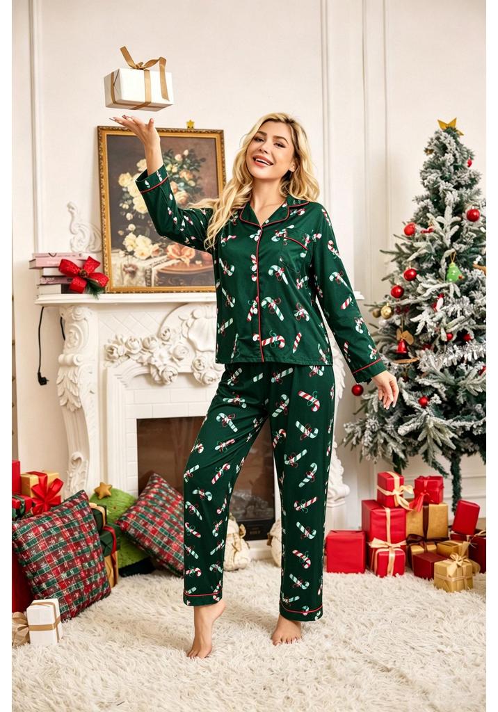 European & American Women's Christmas Lapel Pajama Set - Fashion Cardigan with Long Sleeve Top and Pants Two-Piece Homewear