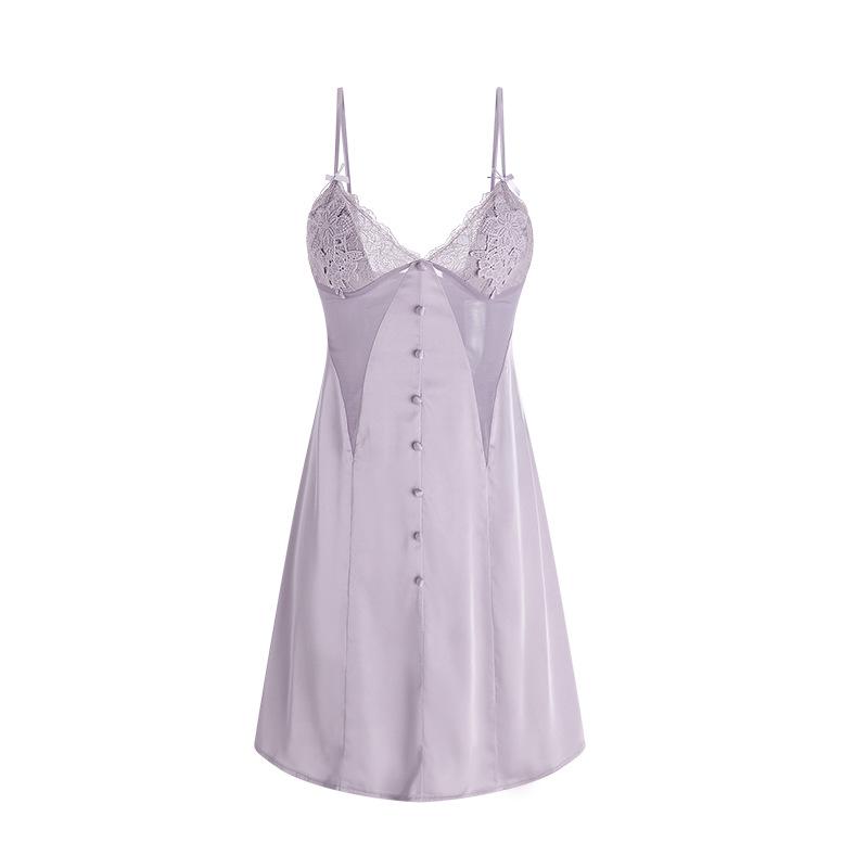 Women's Satin Lace Mesh Deep V Padded Backless Sleep Dress with Robe Lounge Set