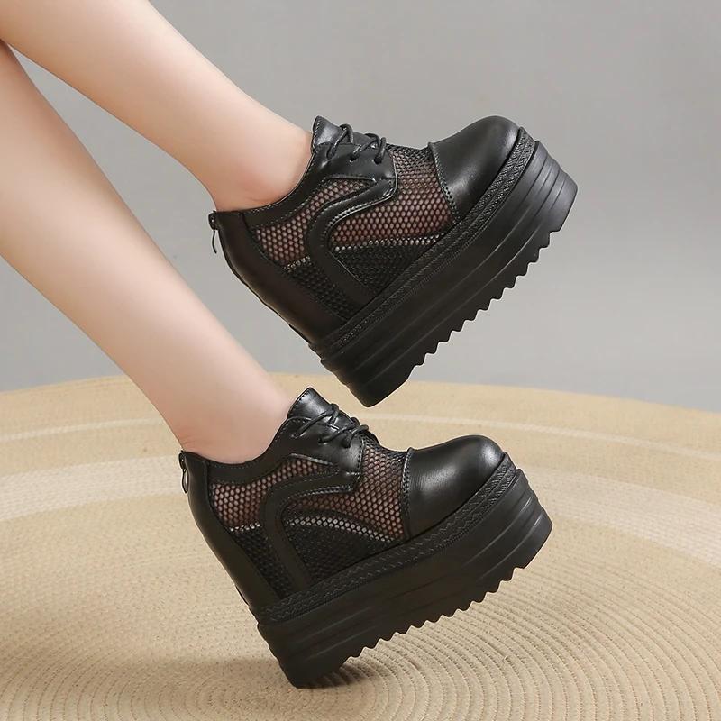 Fashion 12CM New Air Mesh Genuine Leather Breathable Summer Women Mid Calf Ankle Boots Platform Wedge Chunky Sneaker Hollow Shoes