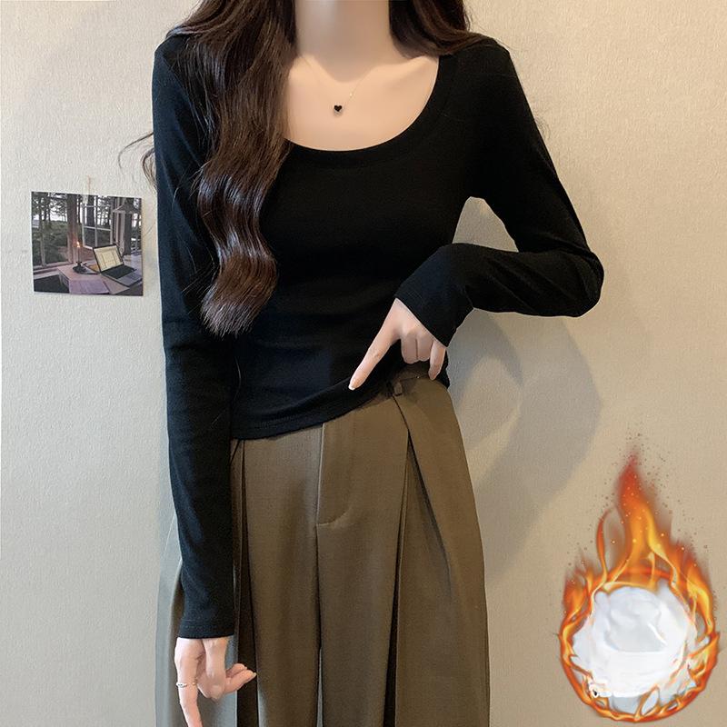 Retro U-ringad långärmad T-shirt för kvinnor höst och vinter ny stor urringning enkel och mångsidig hot girl kort nyckelbensbas-topp