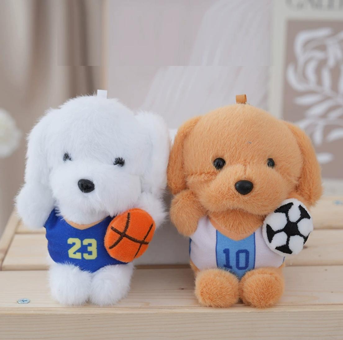 12cm Niedliches Sport Welpen Plüschtier Schlüsselanhänger Fußball Basketball Themen Tasche Puppe Schlüsselanhänger Anhänger beige