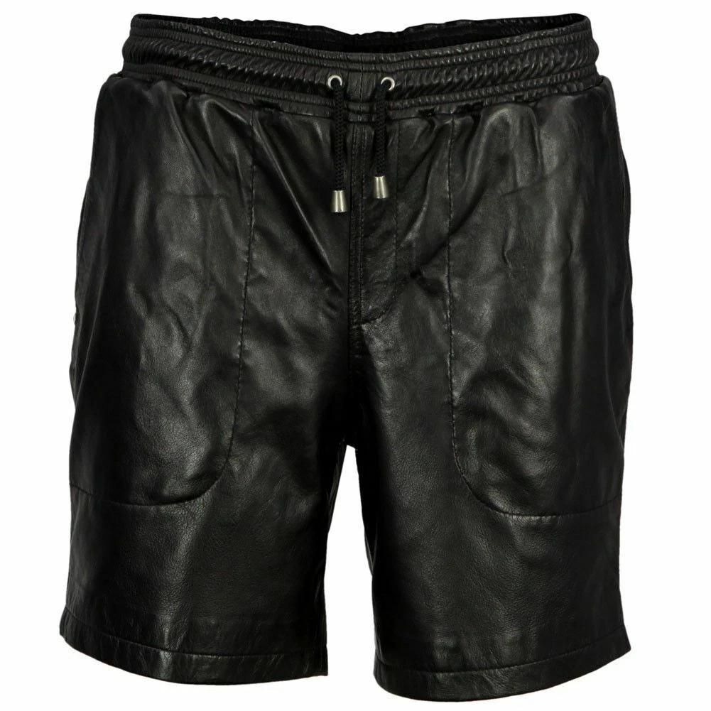 Unique 100% Leather Black Biker Boxer Lambskin Men Shorts Genuine Stylish Gym
