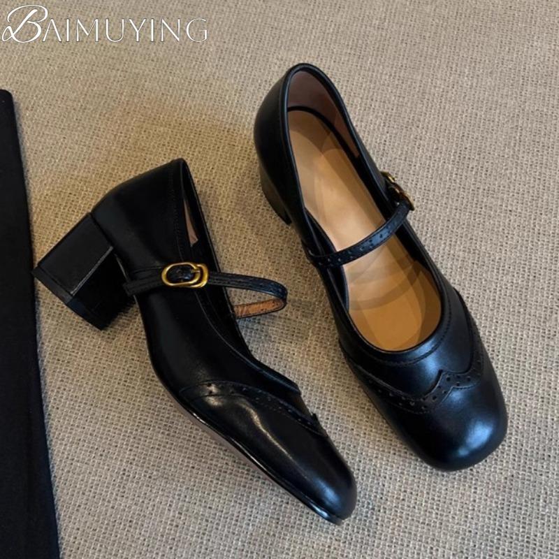 Fashion Ballet Marie Janes High Heels Shoes Women Square Toe Sandals Summer 2025 Shallow Retro Dress Trend Soft Leather Chunky Pumps