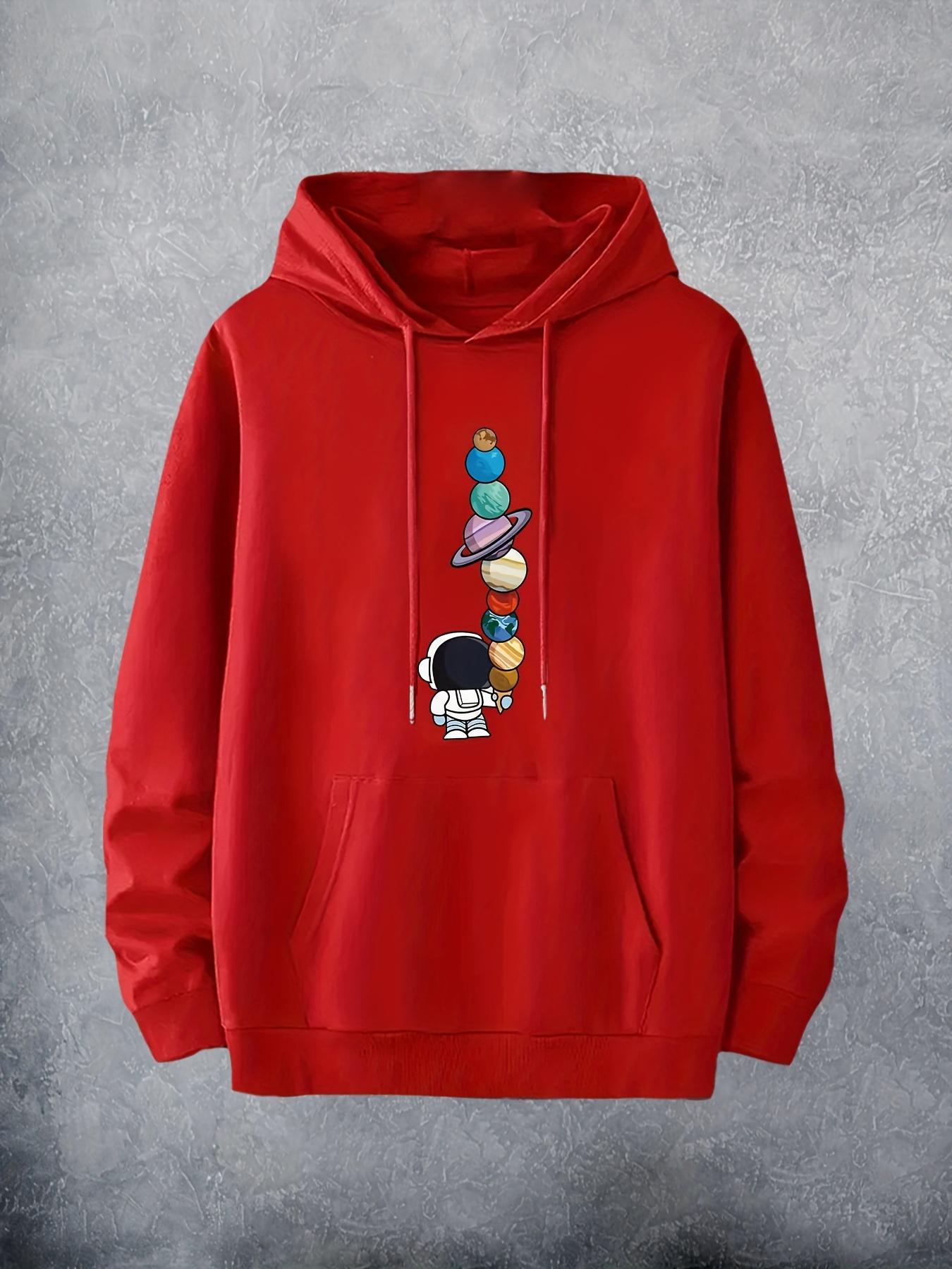 Men s Hoodie with Cartoon Astronaut and Planets Print - Beige, Hip-Hop Style, Machine Washable, Hoodie Astronaut S