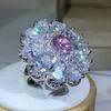 copper Trendy Luxury Jewelry Ladies Shiny White Zirconia Crystal Flower Female Ring for Women Party Wedding