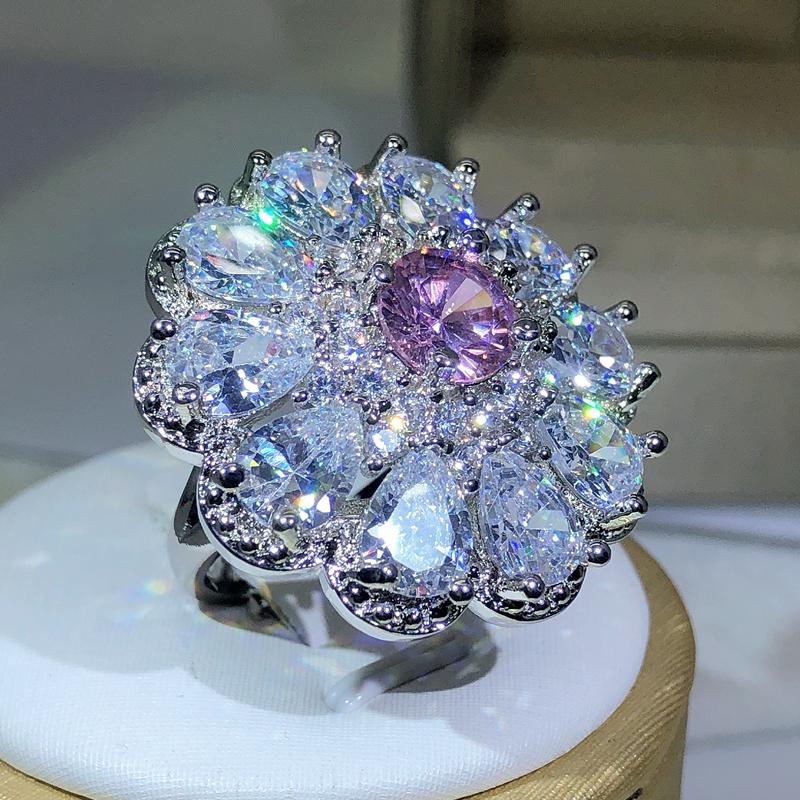 copper Trendy Luxury Jewelry Ladies Shiny White Zirconia Crystal Flower Female Ring for Women Party Wedding
