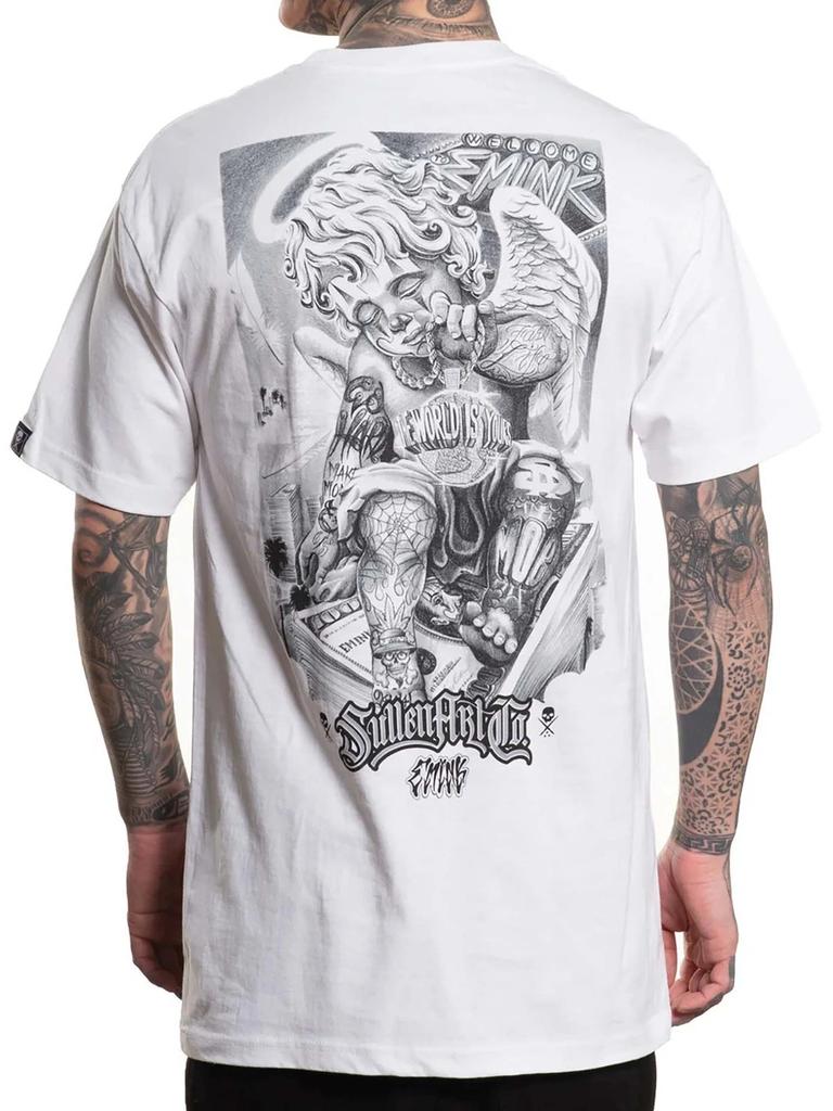 Camiseta Masculina Sullen Emink Manga Curta Padrão Estilo Tatuagem Querubim Caveira