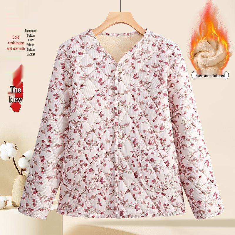 2025 Autumn/Winter Plus Velvet Thickened Cotton Jacket for Middle-Aged & Elderly Women – Warm Padded Outerwear