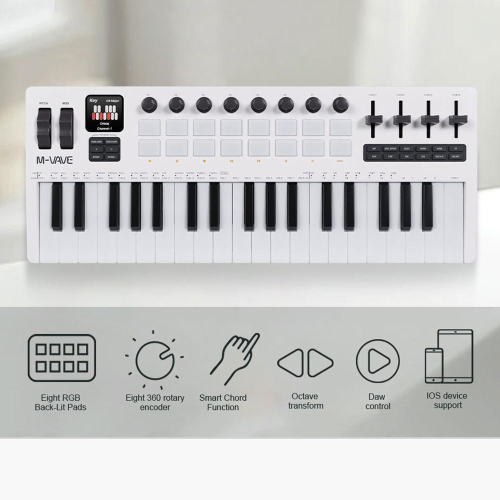 M-VAVE SMK-37 PRO 37 keys Keyboard 3 Octave Range 16 RGB Backlit Impact Pads Supports Wireless Connection to Multiple System