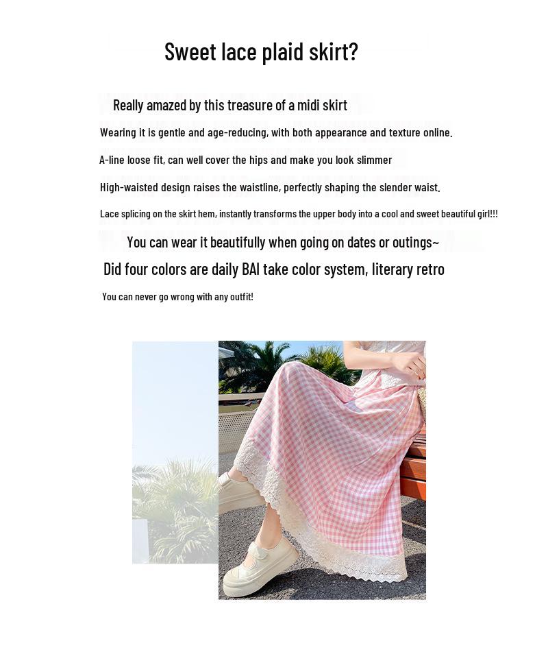 Women's High Waist Checkered Lace Trim A-line Midi Skirt (2025)