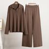 New Fall/Winter Women's Two-Piece Set Polo-Neck Knit Pullover and Wide-Leg Pants