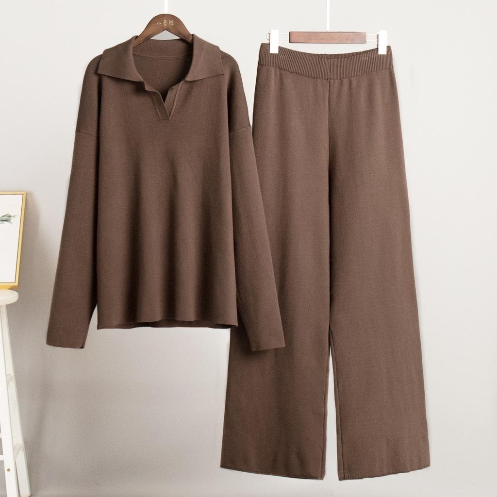 New Fall/Winter Women's Two-Piece Set Polo-Neck Knit Pullover and Wide-Leg Pants