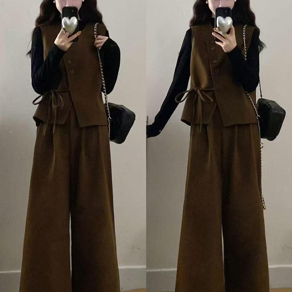 Chic Autumn Plus Size Three-Piece Set: Base Shirt, Stylish Vest, Slimming Wide-Leg Pants