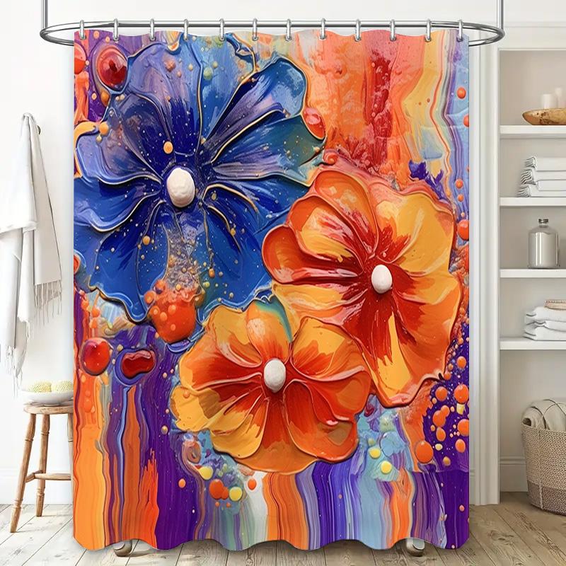 Hand-Painted Shower Curtain With Floral Design Premium Water Repellent Fabric For Bathroom Decoration In Multicolored Orange Blu